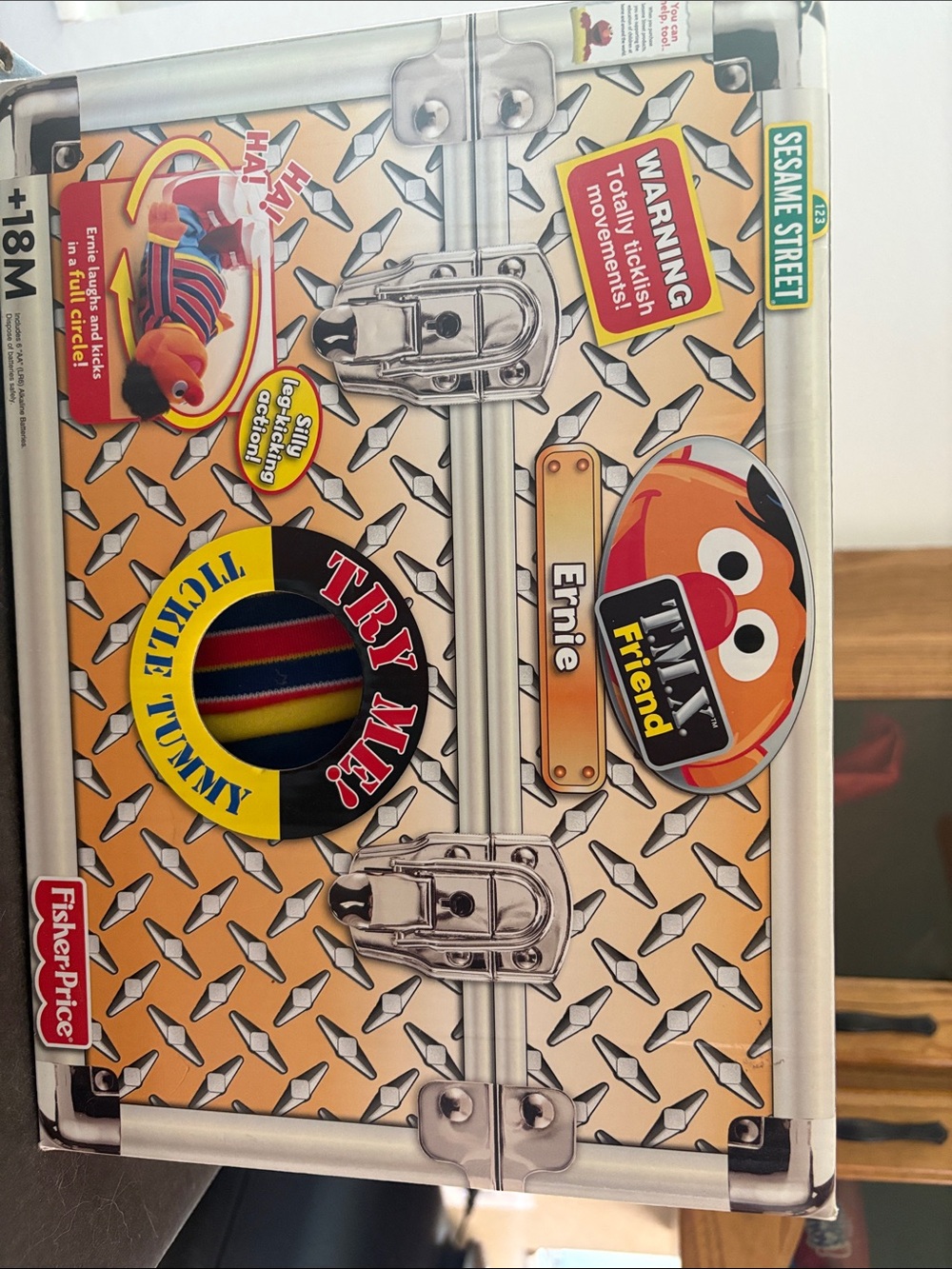 Fisher-Price Sesame Street Ernie Tin Toy Case - Orange, Yellow, Black, Silver